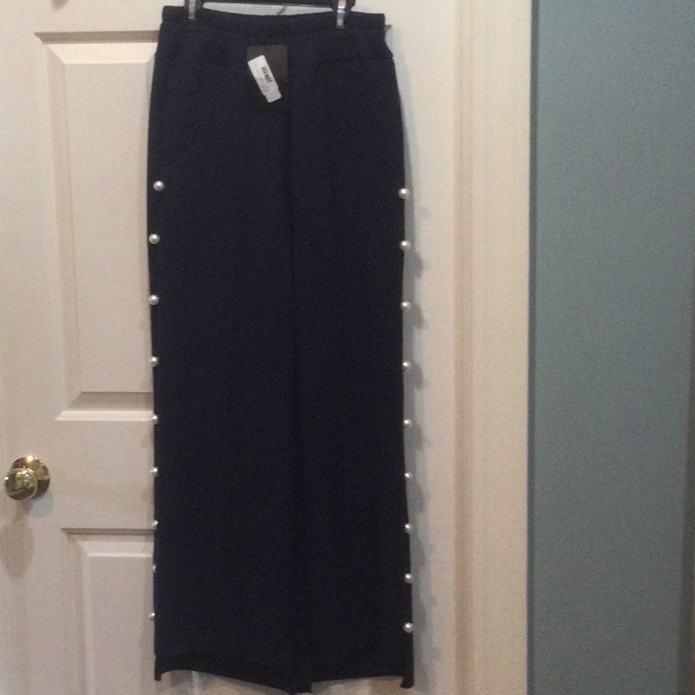 Chic Navy Wide-Leg Pants with Pearl Accents